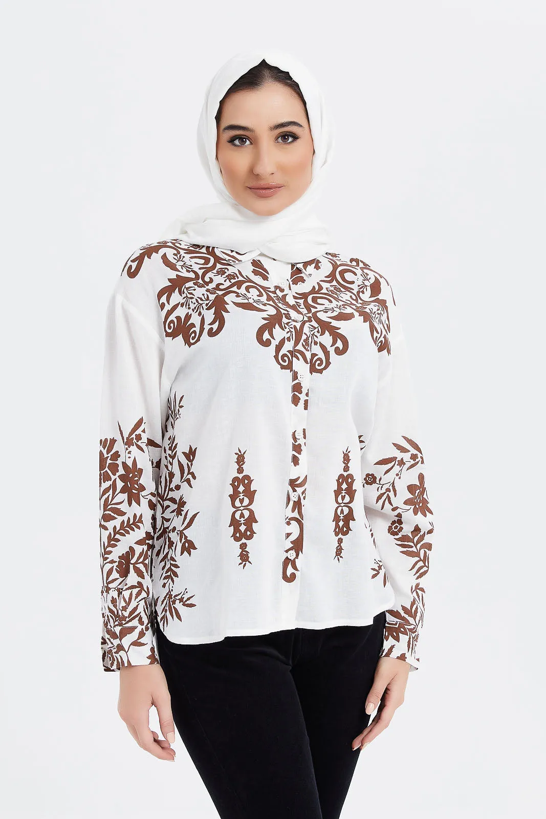 Women Brown And White Print Shirt