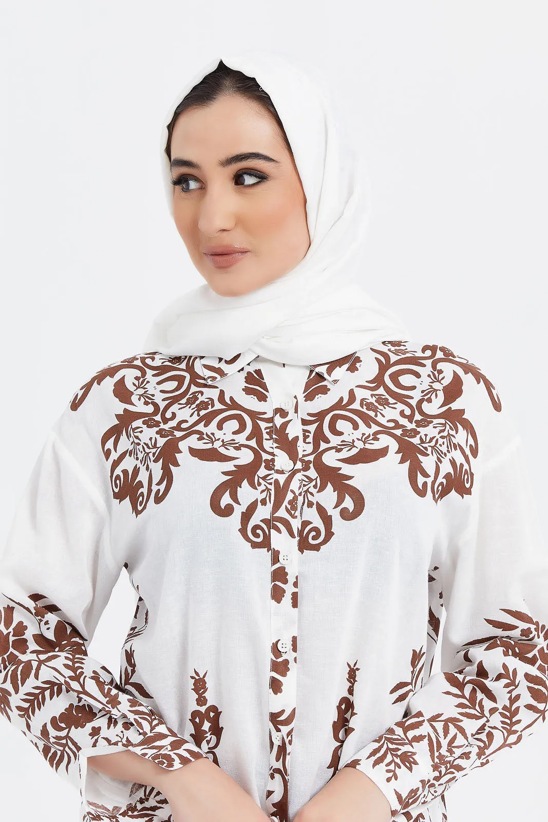 Women Brown And White Print Shirt