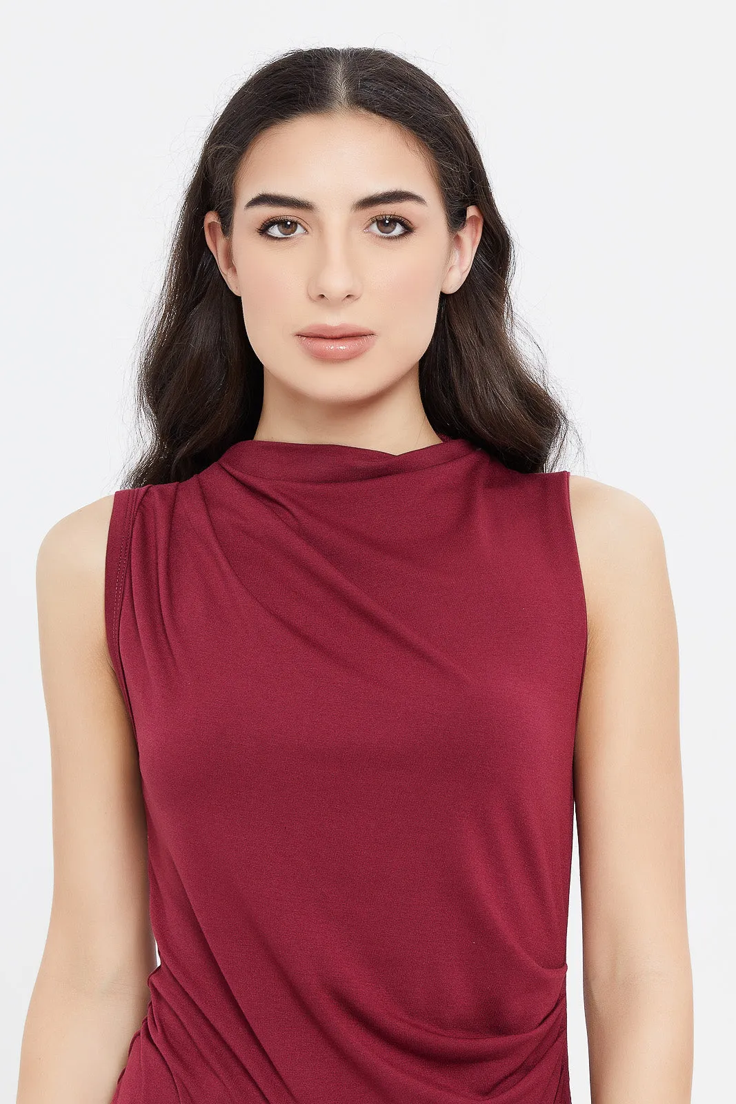 Women Burgundy Gathered High Neck Top