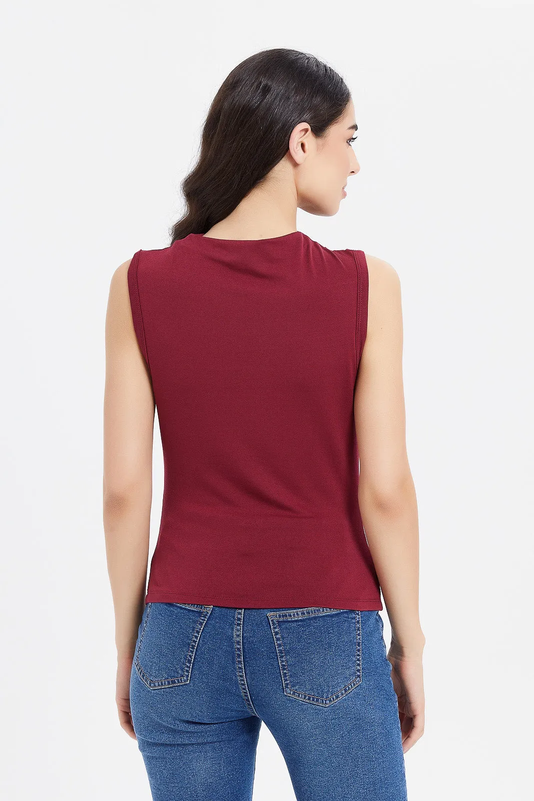 Women Burgundy Gathered High Neck Top