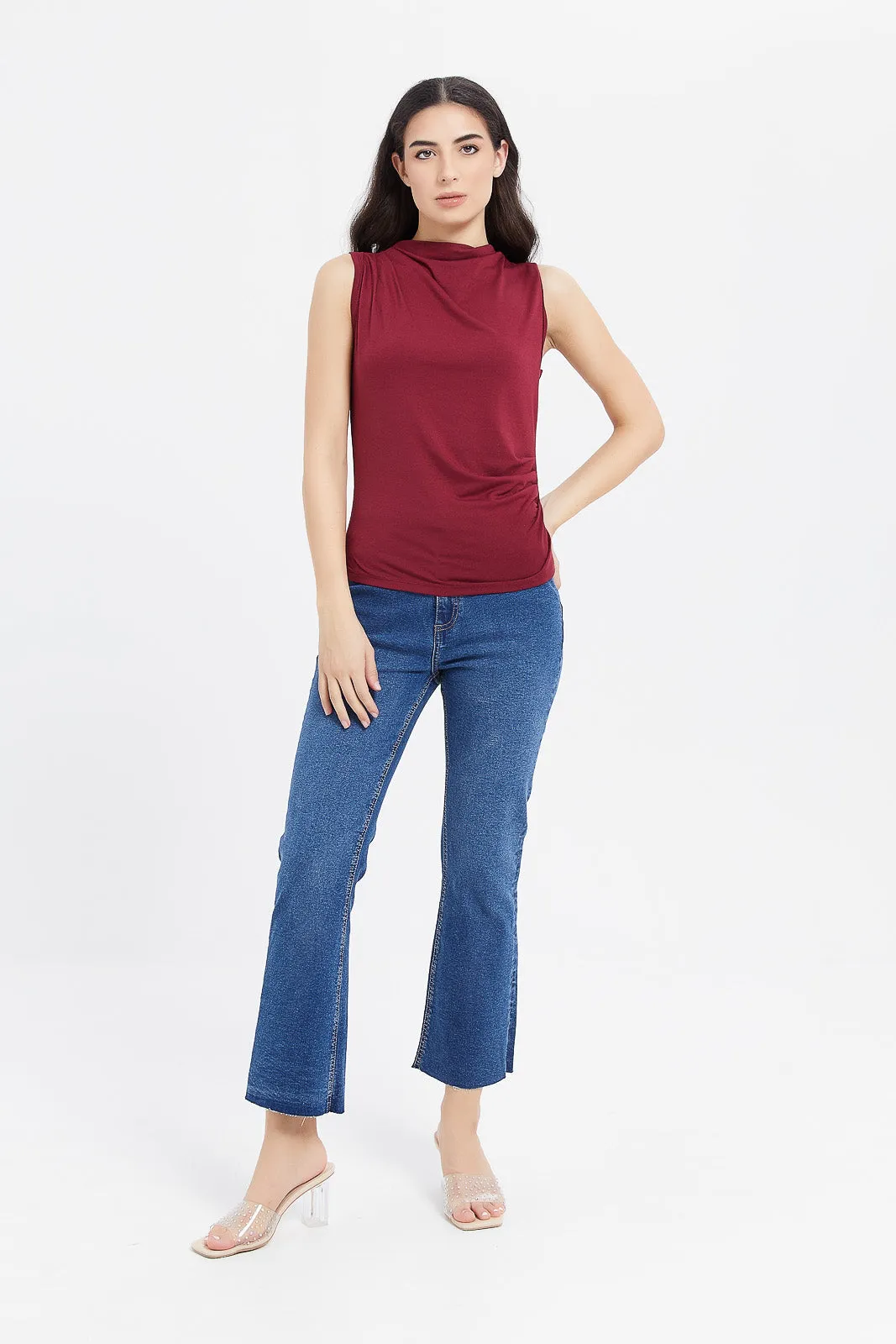 Women Burgundy Gathered High Neck Top