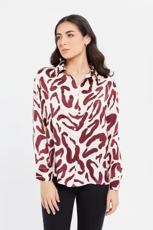 Women Cream And Brown Printed Satin Shirt