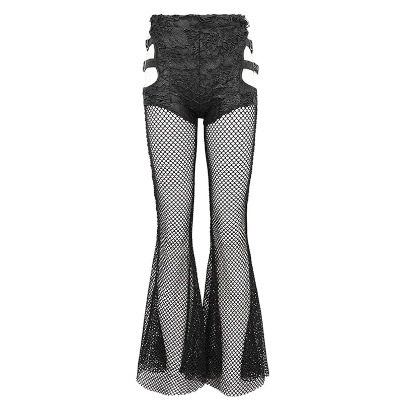 Women's Punk Cutout Mesh Splice Ripped Pants