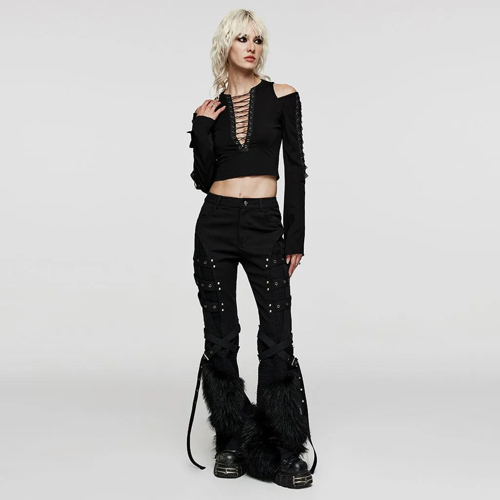 Women's Punk Eyelet Mesh Splice Fluffy Pants