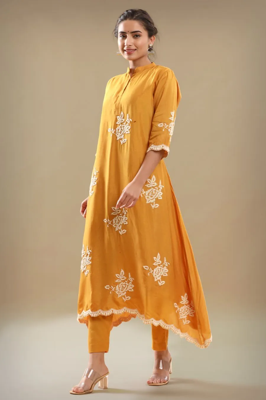 Yellow Embroidered A-line Kurta With Pant