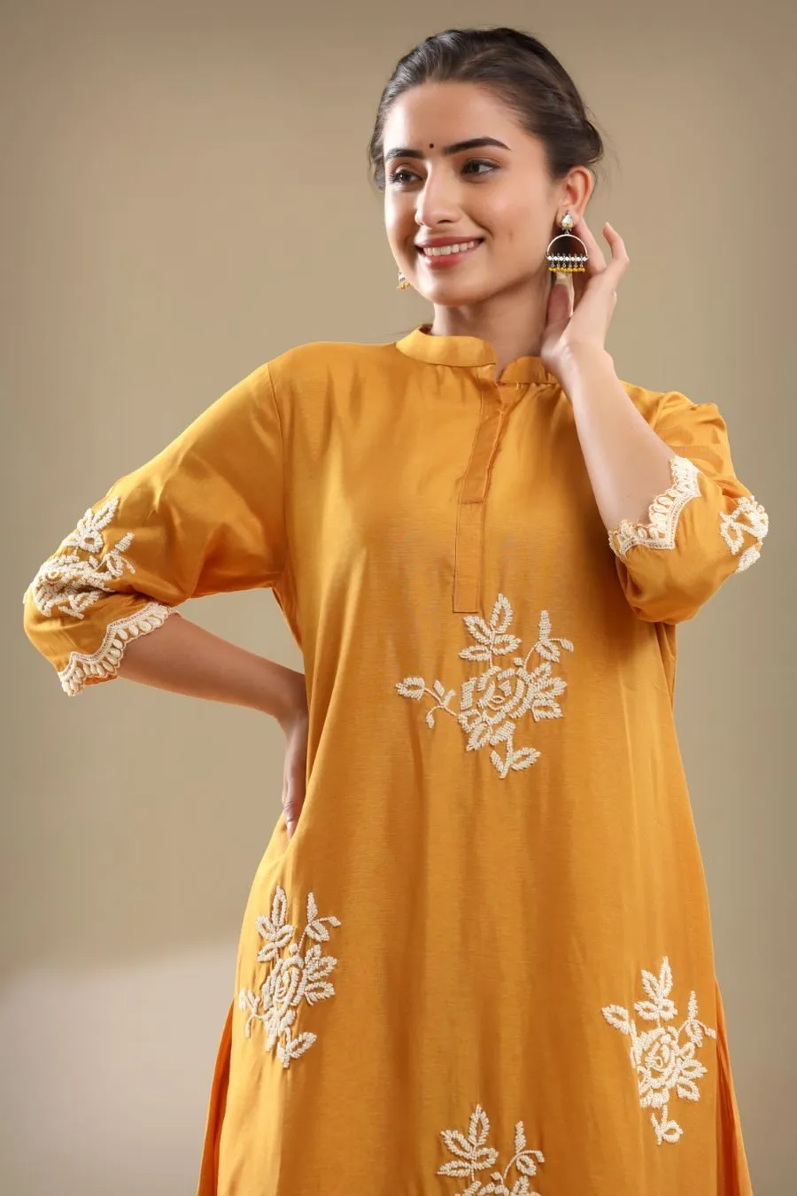 Yellow Embroidered A-line Kurta With Pant