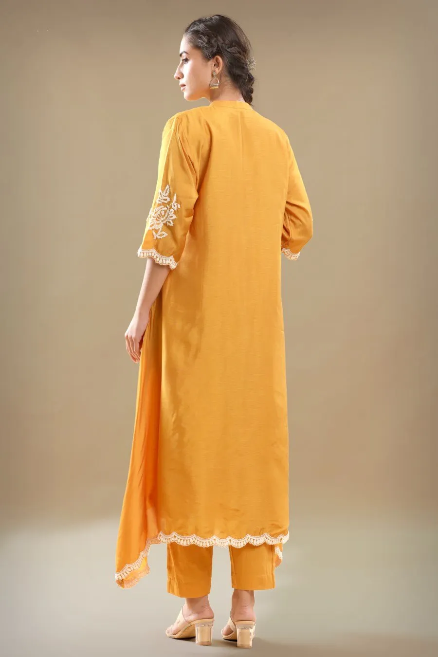 Yellow Embroidered A-line Kurta With Pant