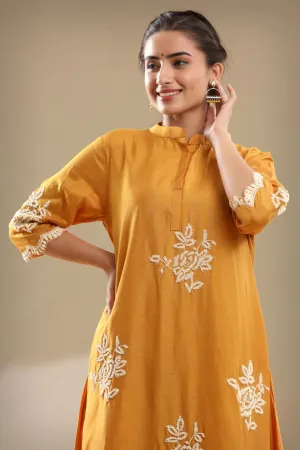 Yellow Embroidered A-line Kurta With Pant