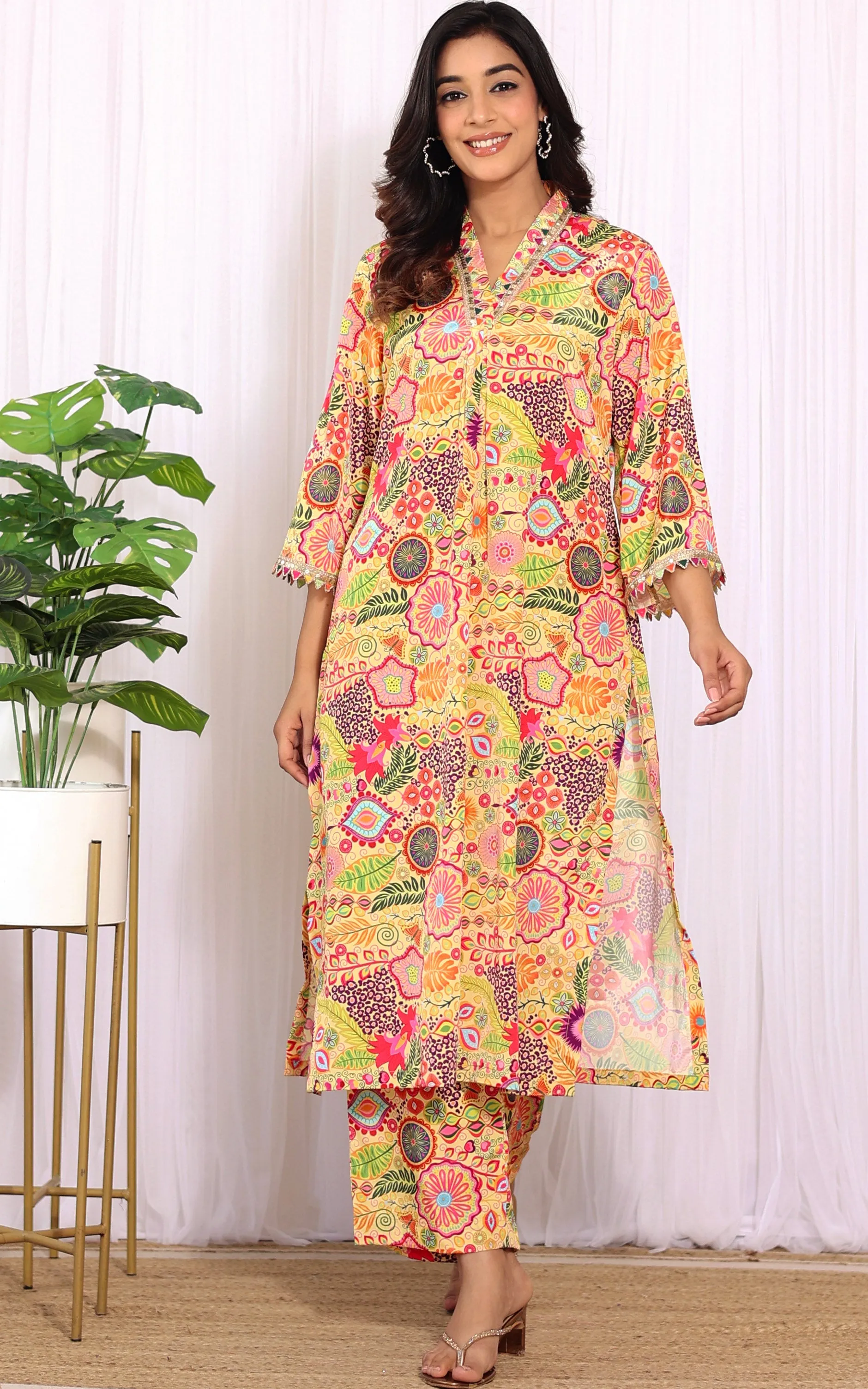 Yellow Kitschy Printed Crepe Kurta Co-ord Set